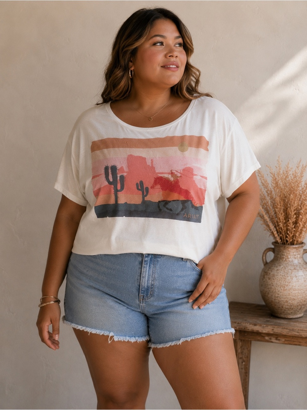 Ariat Western Desert Graphic‎ Tie Front Tee Oversized Cowboy Cactus Ranchwear XL